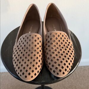 Franco Sarto Perforated/Laser Cut-Out Tan Leather Slip-On Loafers